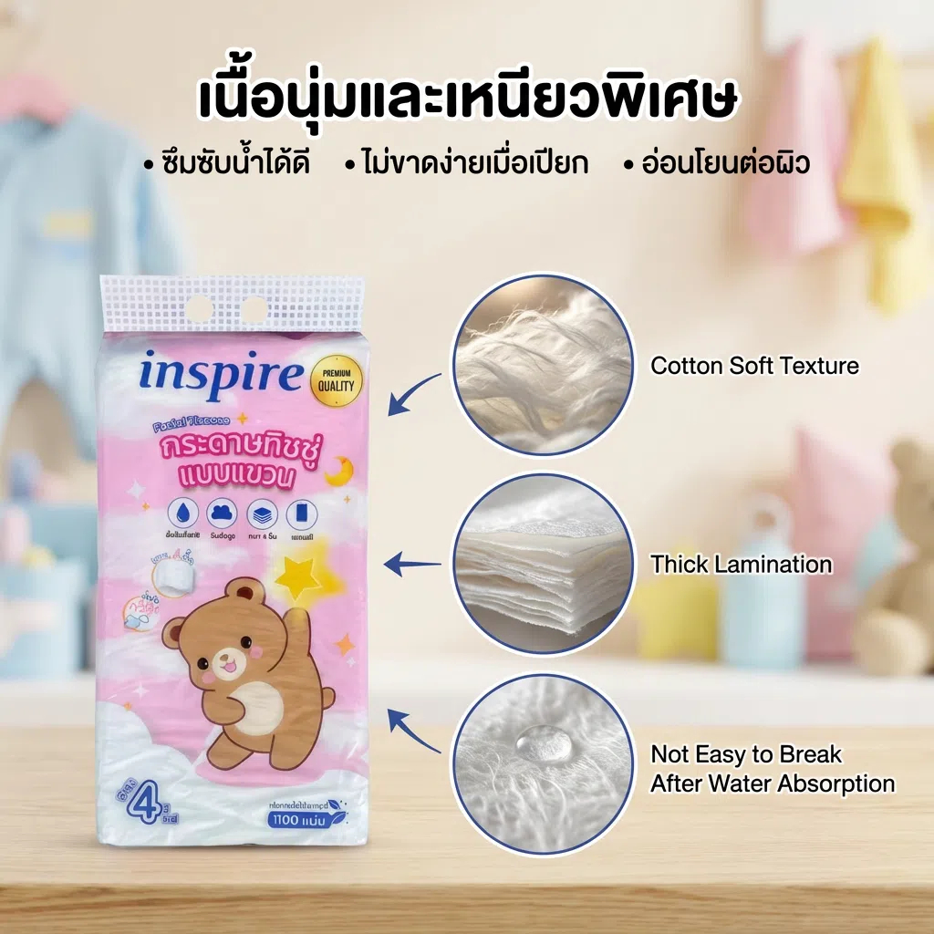 สุดคุ้ม! 1 ห่อ 1100แผ่น inspire กระดาษทิชชู่ ลาย baby แบบแขวน ซึมซับดี ไม่เป็นขุย เนื้อเนียน นุ่ม สะอาด