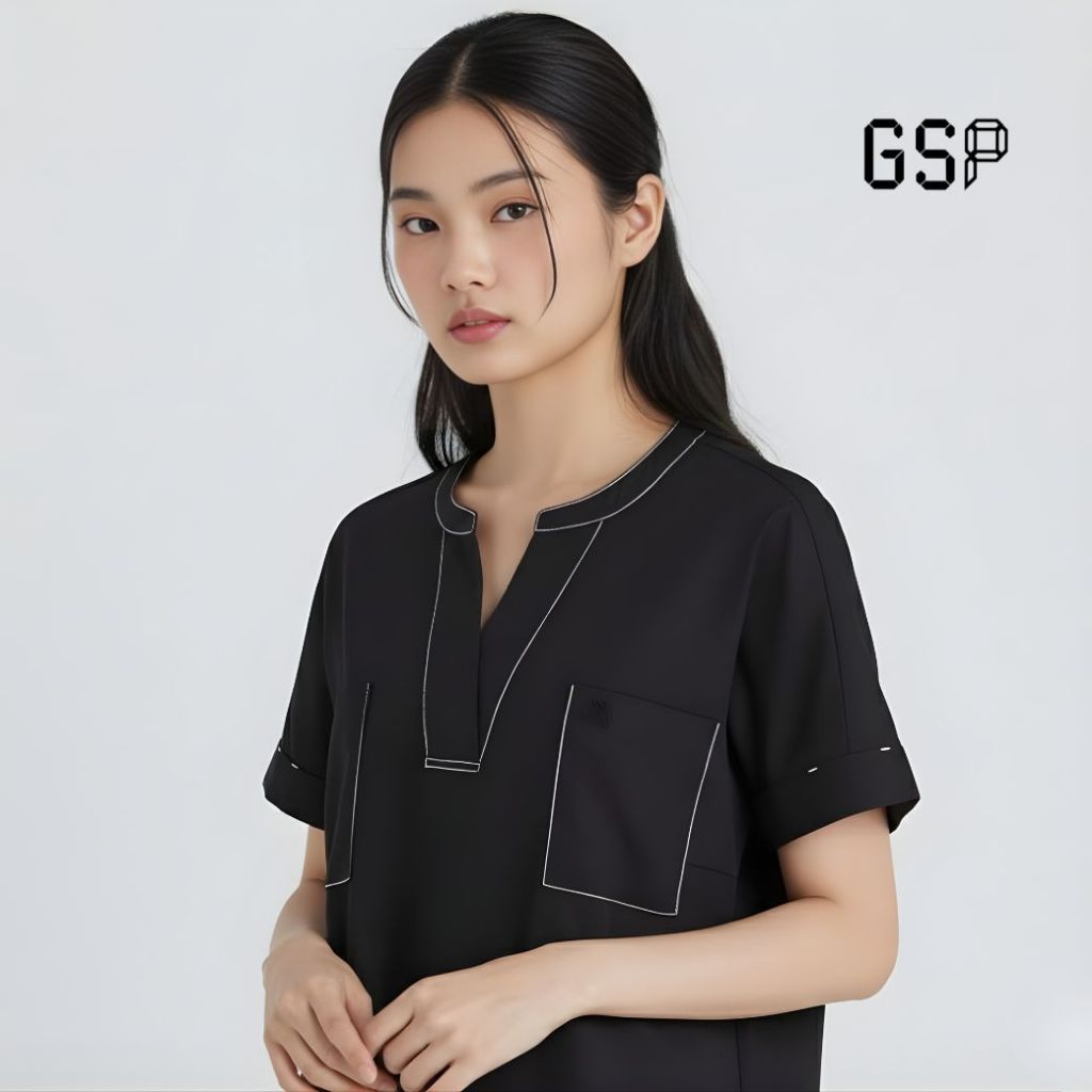 GSP เสื้อเชิ้ตคอวี ผ้าคอตตอน สีดำ แขนสั้น กระเป๋าหน้าอกทั้ง 2 ด้าน PP2DBL
