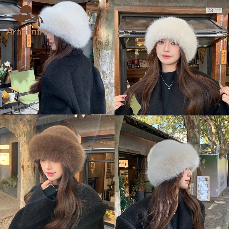 ส่งเร็ว หมวกบักเก็ต ผ้าขนสัตว์เทียมขนปุย ทรงกลม สีพื้น น่ารัก หมวกกันหนาว สําหรับผู้หญิง2025ใหม่.Artisanth