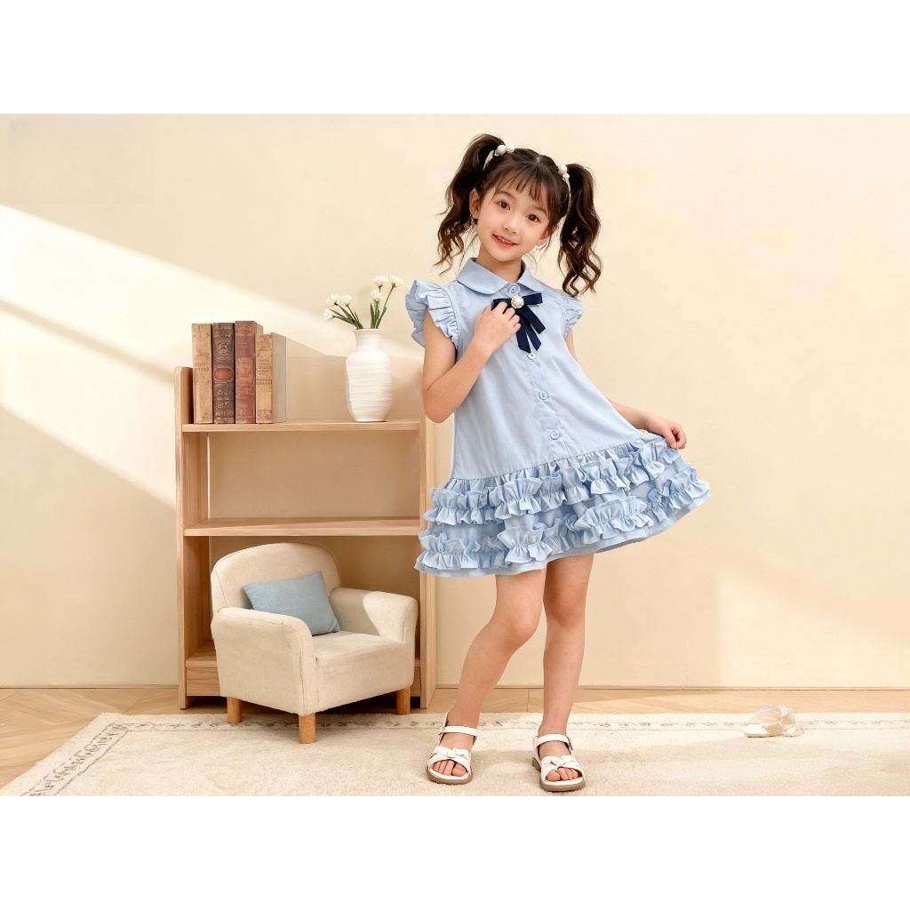 🚚มีสินค้าพร้อมส่ง! ชุดเดรสลุคคุณหนู สไตล์เรียบหรู สีฟ้าอ่อน พร้อมโบว์  – K5125665