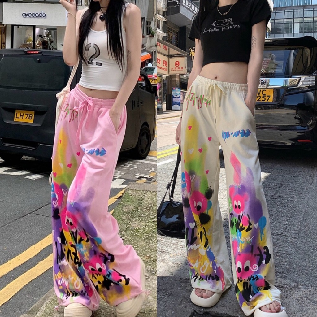 พร้อมส่ง  2694 กางเกง y2k กางเกงขายาวผู้หญิง คาร์โกพิมพ์ลายการ์ตูนน่ารัก