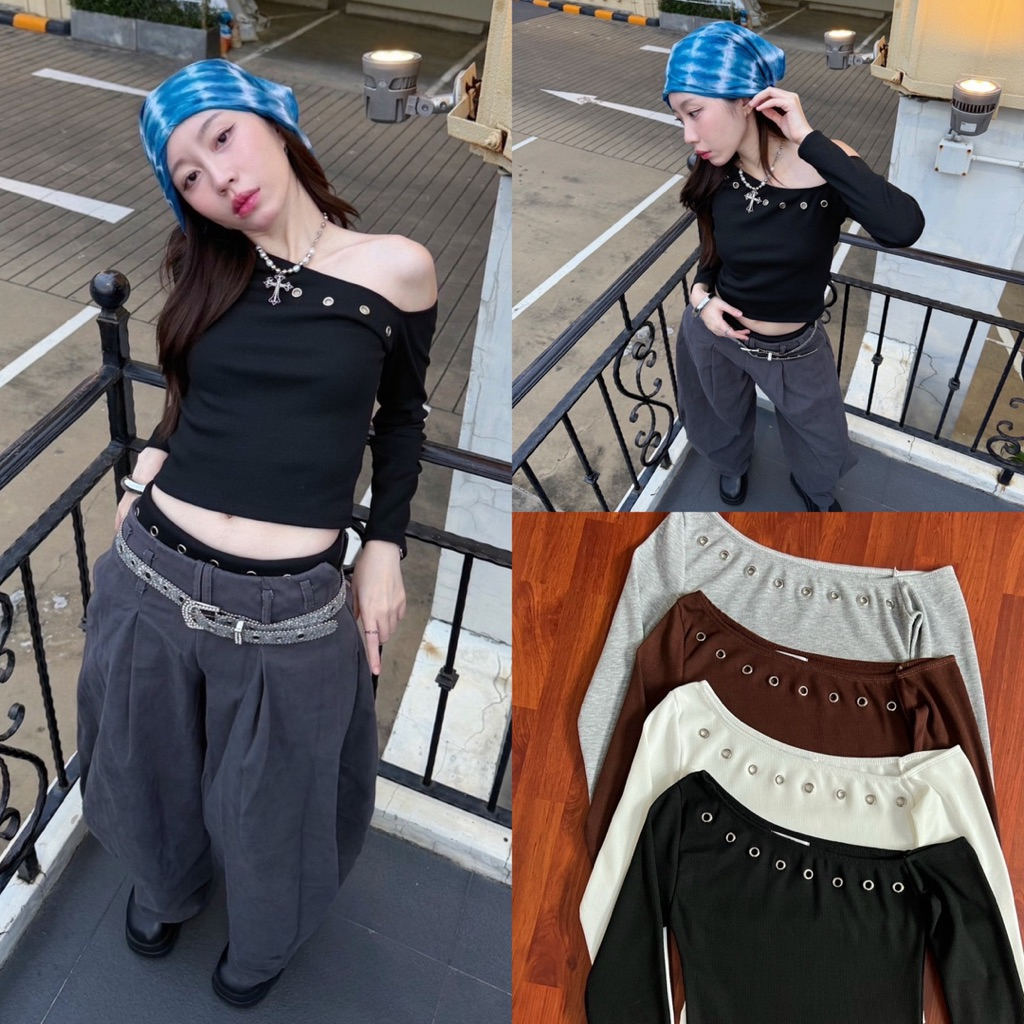 New One Shoulder Long Sleeve Top With Eyelets เสื้อไหล่เบี่ยงรุ่นใหม่ ดีเทลหมุดตาไก่ (Bykim ️)