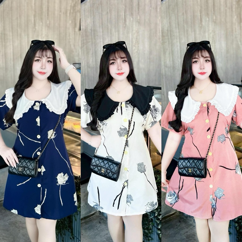 มินิเดรสคอบัว กระดุมหน้าผ้าไหมอิตาลี่ มีสายผูกหลัง อกหน้าผ้า54สำหรับสาวอวบอ้วนใส่สบายน่ารัก