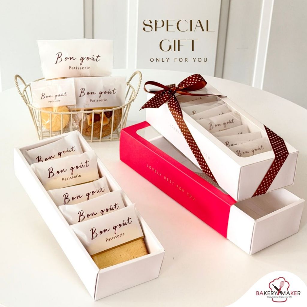 กล่องกระดาษ ฝาเลื่อน แพค 5 ใบ / กล่องคุกกี้ สีคราฟท์ ขาว แดง Valentine คริสต์มาส