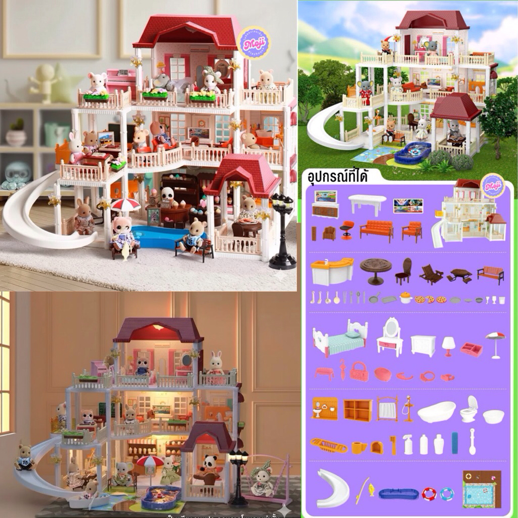 Doll.house บ้านตุ๊กตาหลังใหญ่วิลล่าสุดหรู3 ชั้นฟังก์ชั่นครบ  พร้อมสระว่ายน้ำส่วนตัว สไลด์เดอร์ เฟอร์นิเจอร์ครบชุด ราคา ถูกที่สุด ดีลบีเคเค แกลเลอรีภาพที่ 3