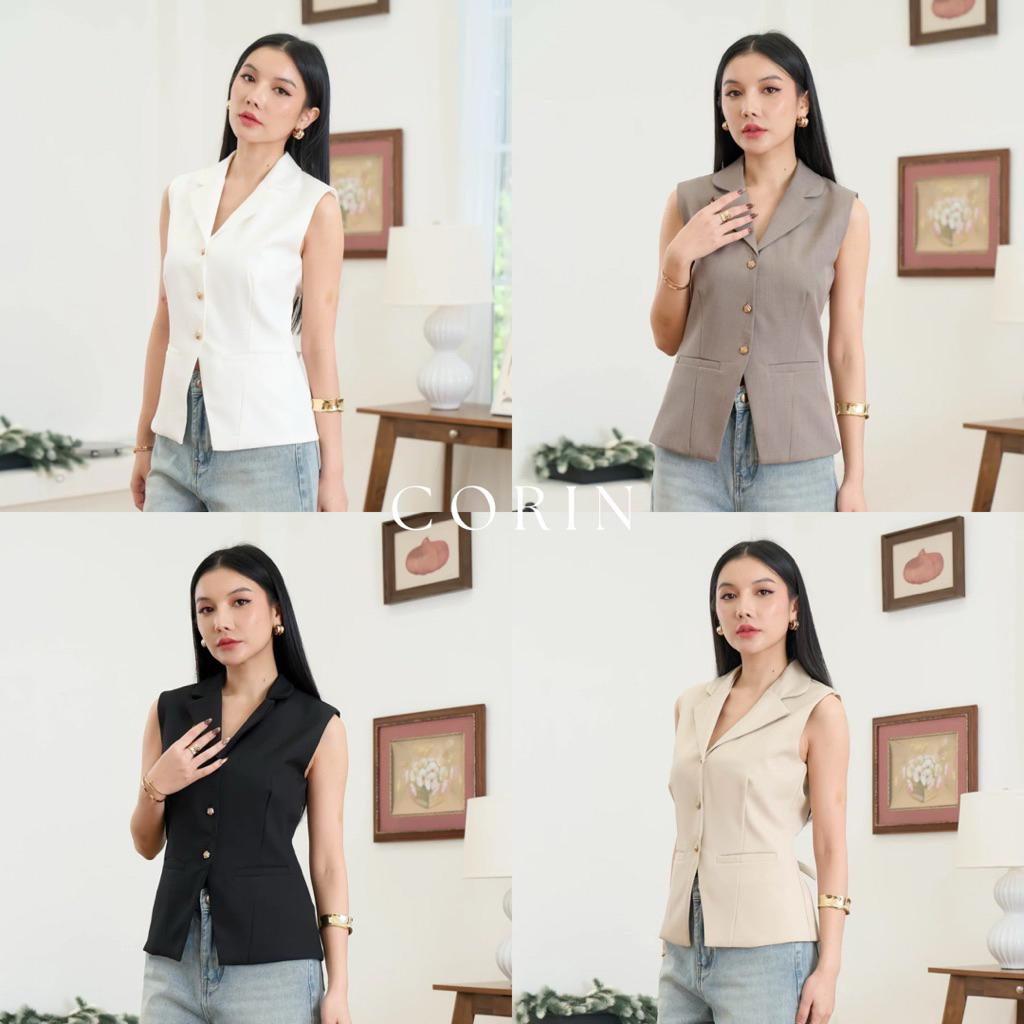 CORIN TOP เสื้อแขนกุดคอปกตัวยาวแต่งกระดุมและกระเป๋าที่ด้านข้าง พร้อมตัวปรับระดับด้านหลัง