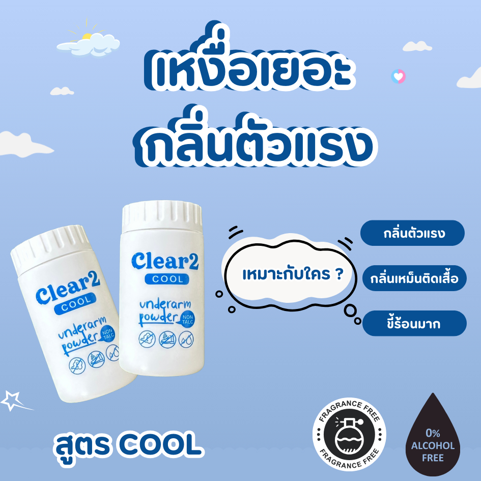 Clear2 แป้งลดเหงื่อที่รักแร้ และดับกลิ่นตัว โปร2 ขวด