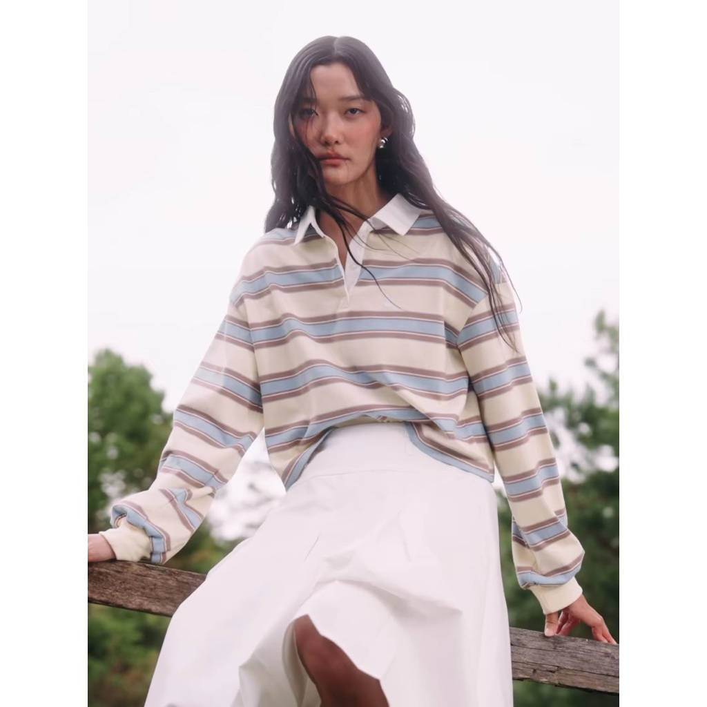 Pomelo เสื้อโปโลลายทาง polo striped shirt สีฟ้า น้ำตาล แขนยาว สเวตเตอร์ sweater