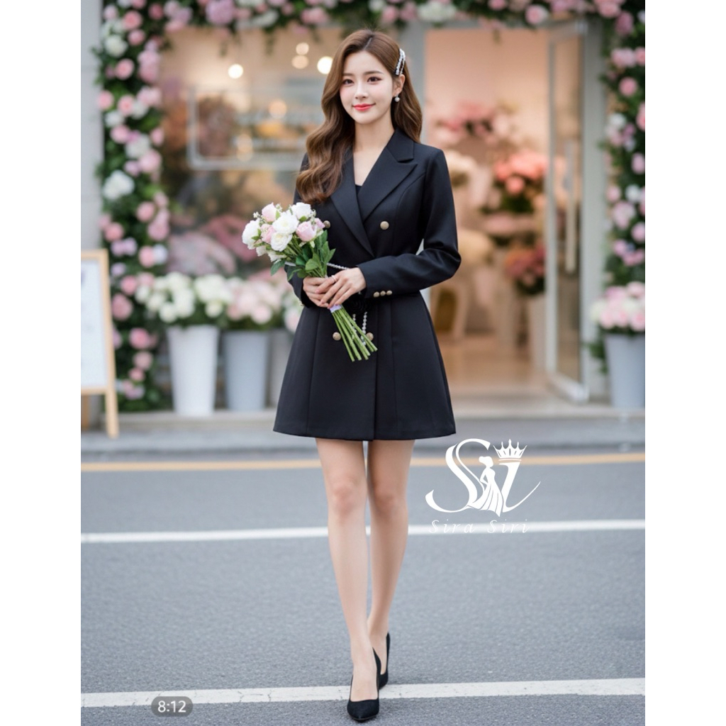 Sira Siri {พร้อมส่ง} ชุดเซ็ท2ชิ้น เดรสสูทแขนยาว สีดำ+เข็มขัดมุก งานผ้าสูท กระดุมด้านหน้า ชุดเดรสทำงาน  มินิเดรสผู้หญิง