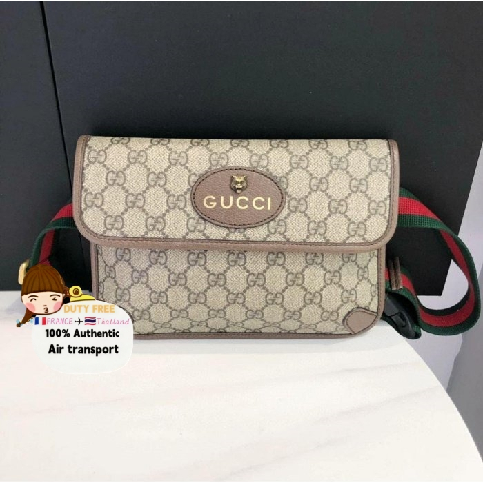 GUCCI กระเป๋าคาดเอวหัวเสือ ลาย GG Supreme สะพายเฉียง ของแท้ 100% มีใบเสร็จรับเงิน
