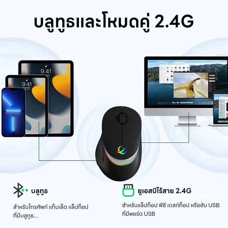 RGB เมาส์ไร้สายแบบชาร์จไฟได้ 2.4GHz / Bluetooth5.0 ไม่มีเสียงคลิก 1600dpi เมาส์สําหรับเล่นเกมออปติคัลสําหรับแท็บเล็ตแล็ป รูปที่ 8