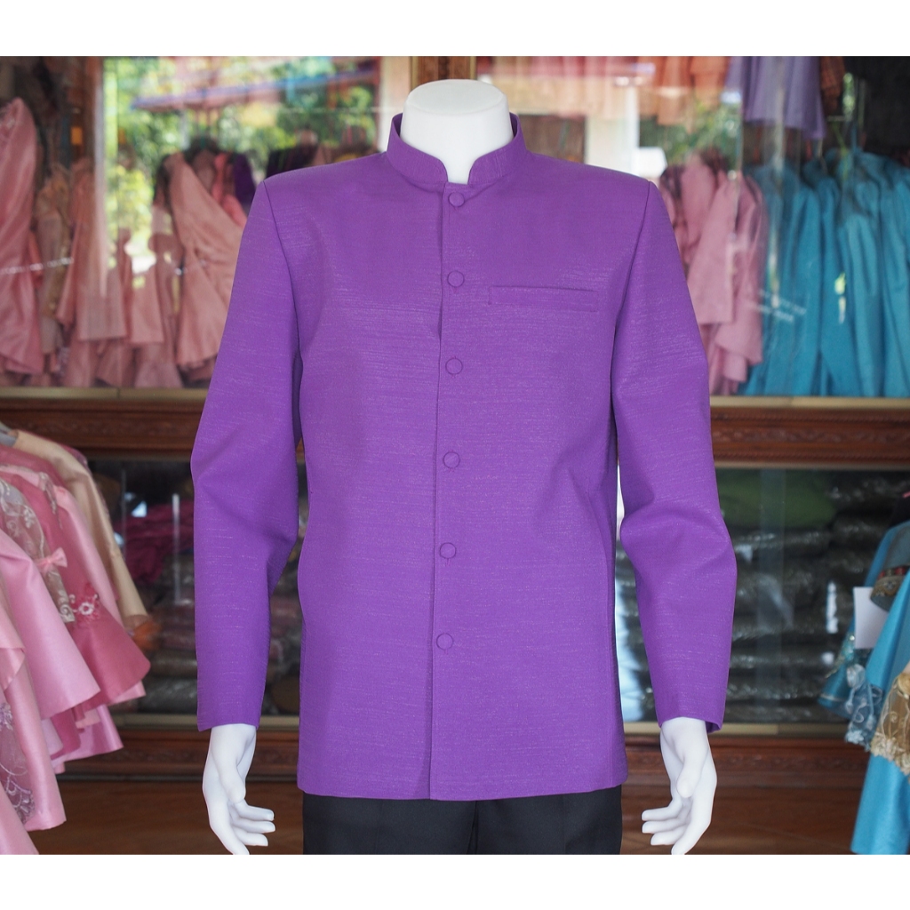 เสื้อผ้าฝ้ายแพรเงินคอพระราชทานแขนยาว สีม่วงเข้ม