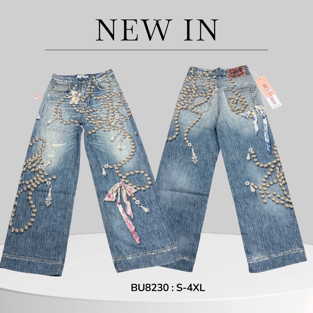 2XL-4XL Backup studio ลายพิมพ์3D ลูกปัด+ลูกไม้+หมีขาว ลายใหม่ล่าสุด Baggy Jesns พิมพ์ลาย 3D ทั้งตัว