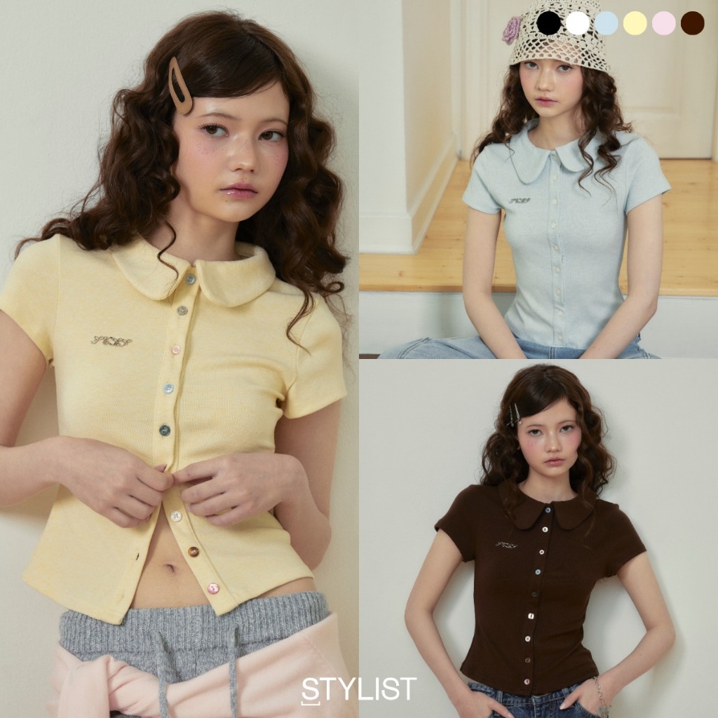 STYLIST Gaia เสื้อคอบัวกระดุม: เสื้อยืด Ribbed knit สวยหวาน ทุกสไตล์