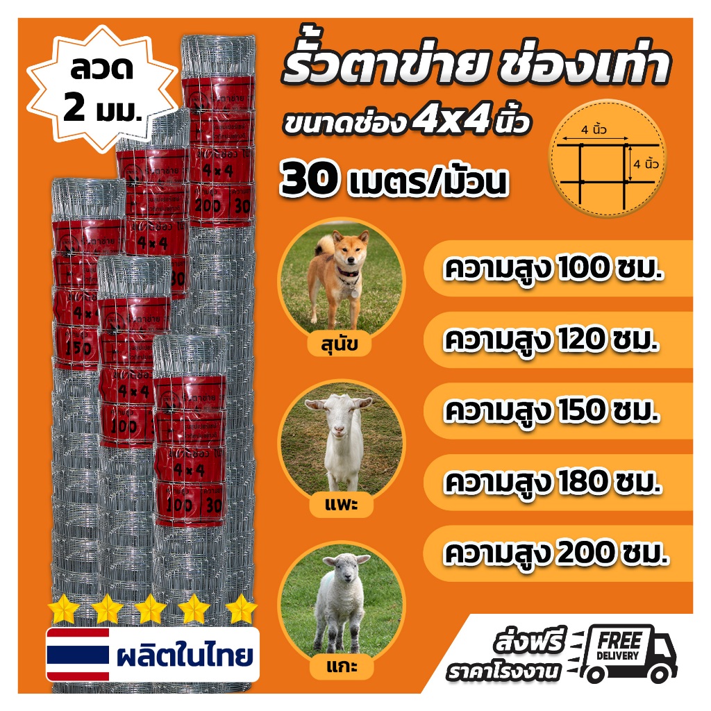 ส่งฟรี!! รั้วตาข่ายแรงดึงสูงช่อง 4x4 นิ้ว ความยาว 30 ม ความสูง 1.00-2.00 ม ล้อมสวน ล้อมสัตว์ กันเขต กันพื้นที่ ผลิตในไทย