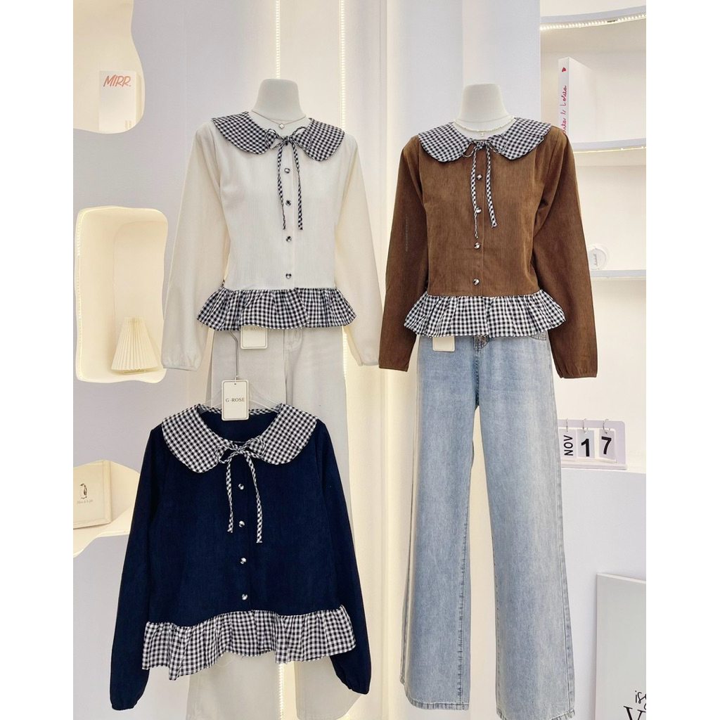 miniminey🌈เสื้อแขนยาวคอบัวปกลายสก็อต แต่งระบายชาย เกาหลีเกาใจ So Cute สุดๆ งาน G-ROSE