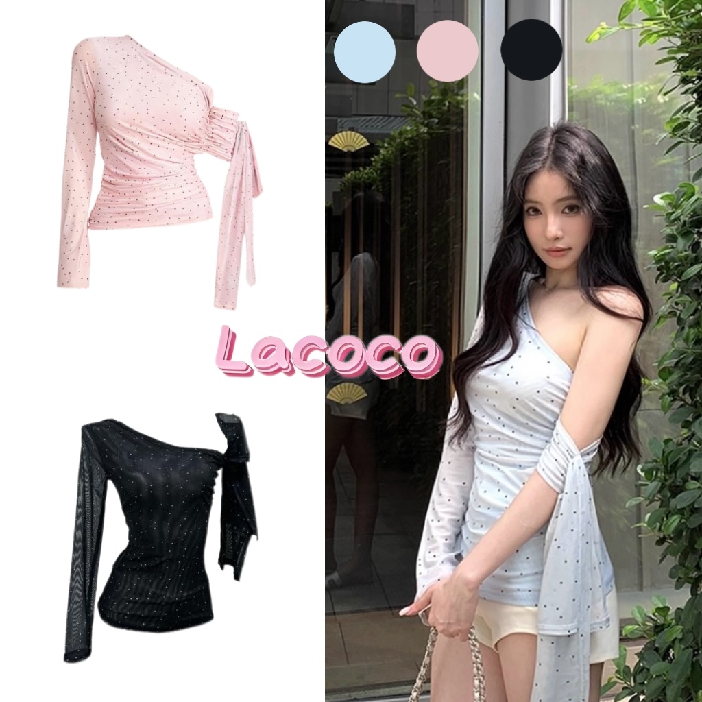 Lacoco🍓คลังสินค้าพร้อม🍓เสื้อยืดแขนยาวเปิดไหล่สุดชิคและเซ็กซี่พร้อมเสื้อตาข่ายลายจุด