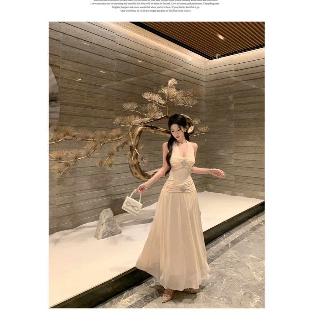 แม็กซี่เดรส คล้องคอ ผ้าตาข่าย อกและเอวจับจีบแต่งเพชร หลังยางยืด กระโปรงทรงเอ ชุดออกงาน ชุดไปทะเล #8168 - รูปที่ 7