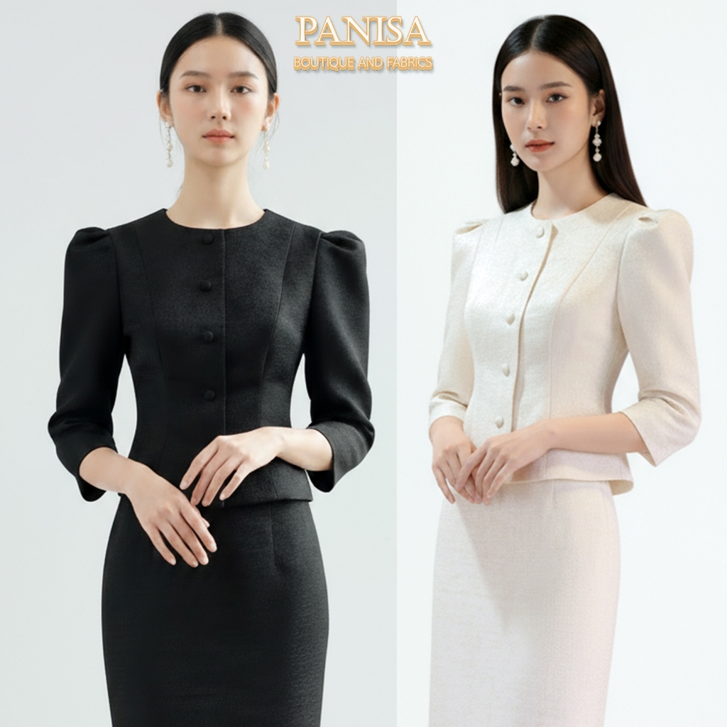 Panisa ชุด ขาว-ดำ ชุดผ้าไทยโครงเสื้อสวย สีดำ/สีขาว ใส่ทำงาน พิธีการ สุภาพ เรียบหรู