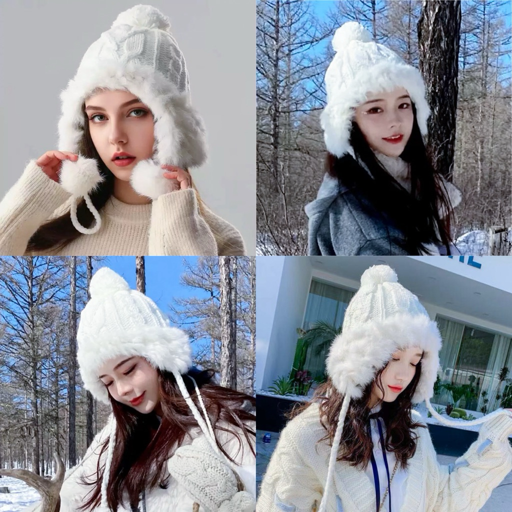 (RV) หมวกไหมพรม ทรงบินนี่ปิดหู หัวจุก