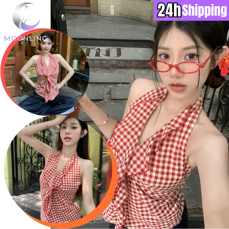 🌜Moonling🌛พร้อมส่งจากไทย เสื้อคล้องคอ คาวาอี้ เว้าหลัง ลายสก็อตสีแดง สไตลืโคเรียมาก *FY2935*