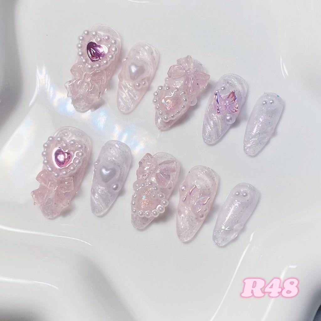 ೀ⋆｡ R48 เล็บเจลปลอมสีชมพูม่วงกลิตเตอร์ 🎀⭐️🤍
