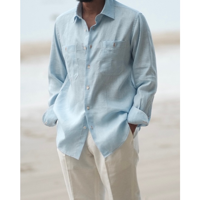 light blue linen ocean ranch long sleeve shirt เชิ้ตผ้าลินินสีฟ้ารุ่นโอเชียนแรนช์แขนยาว