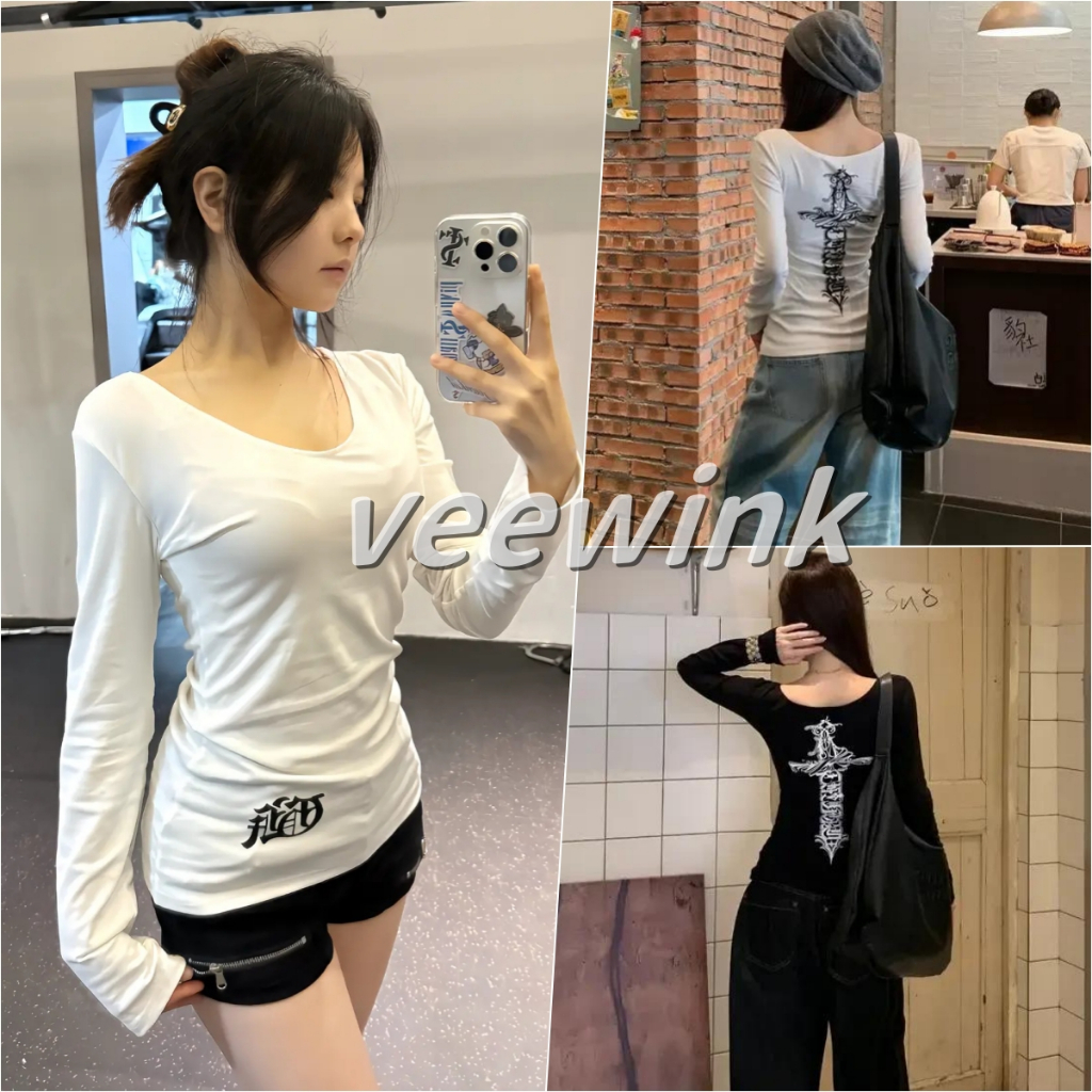 Veewink เสื้อเชิ้ตแขนยาวสไตล์อเมริกัน ลายพิมพ์ กระชับเอว เนื้อผ้านุ่ม