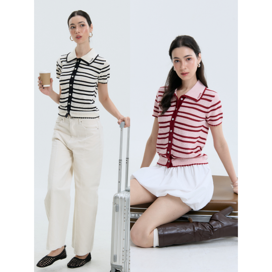 AILUMI - Joyce Striped Top เสื้อไหมพรมลายทาง ถักลายตาข่าย