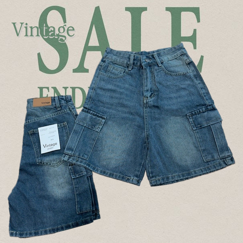 Vintage รุ่น 6116 กางเกงยีนส์ ขาสั้น คาร์โก้ แต่งเฟดขา ทรงสวย ผ้าไม่ยืด กระเป๋าตรง 2 ใบ