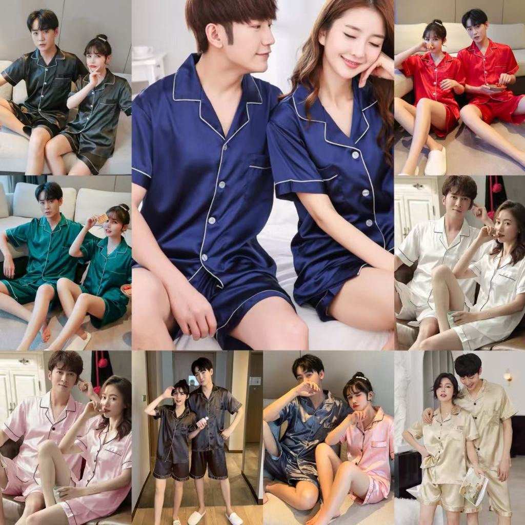 (ารคา1ชุด)เสื้อแขนสั้น+กางเกงขาสั้น ชุดนอนซาติน ชุดนอนแขนสั้นขาสั้น ชุดนอนผ้าซาติน ชุดนอนสีพื้น ชุดนอนแฟชั่นสไตล์เกาหลี
