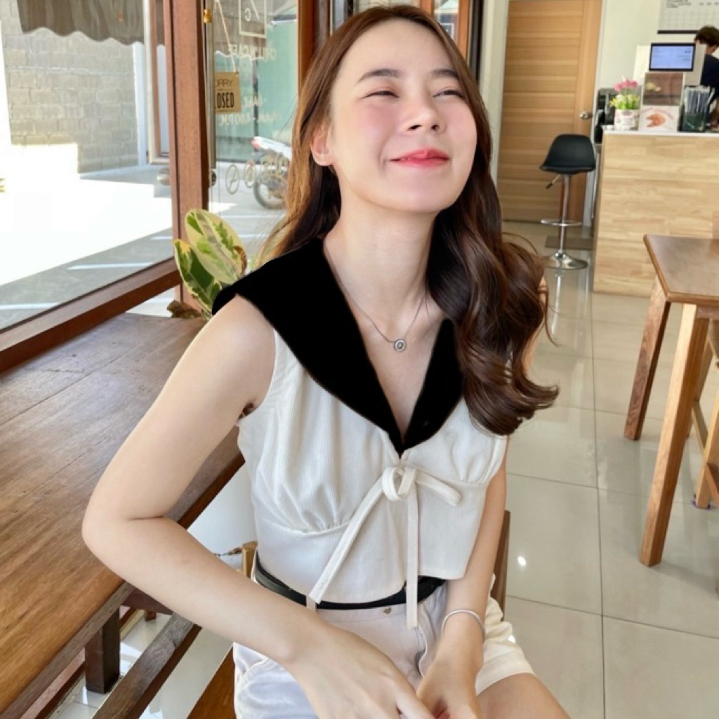 มีซิปข้าง💐🌷เสื้อครอปปกกะลาสีน่ารัก เนื้อผ้ามีสองแบบคอตตอนและลินิน / Z21//  FY-สมอ