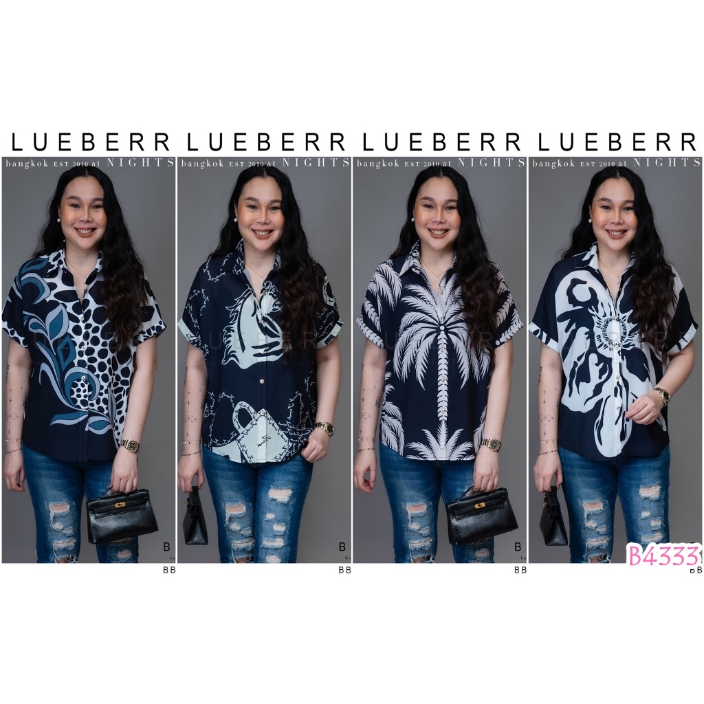 BLUEBERRY NIGHTS L4333 เสื้อเชิ้ต แขนสั้น ผ้าโพลิเอสเตอร์เบลนด์พิมพ์ลายทั้งตัว