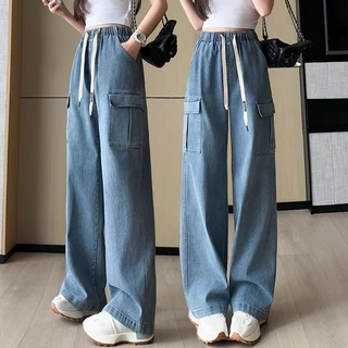 S~5XL Jeans Blue Elastic waistband pants กางเกงทรงตรงสีน้ำเงินแบบเทรนด์ กางเกงขายาวสวมสบาย Baggy jeans HOT