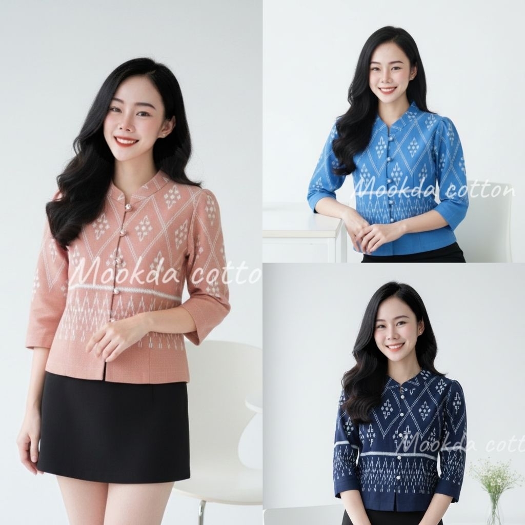 เสื้อผ้าฝ้ายคอจีนอัดกาวทรงจิตรลดา ผ้าฝ้ายพิมพ์ลายขนมเปียกปูน
