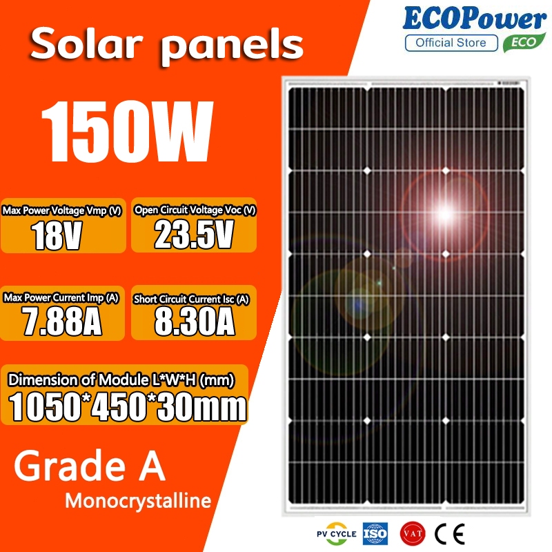 แผงโซล่าเซลล์ Solar cell 150W  18V แผงโซล่า แผ่นโซล่าเซลล์ สำหรับชาร์จแบตเตอรี่
