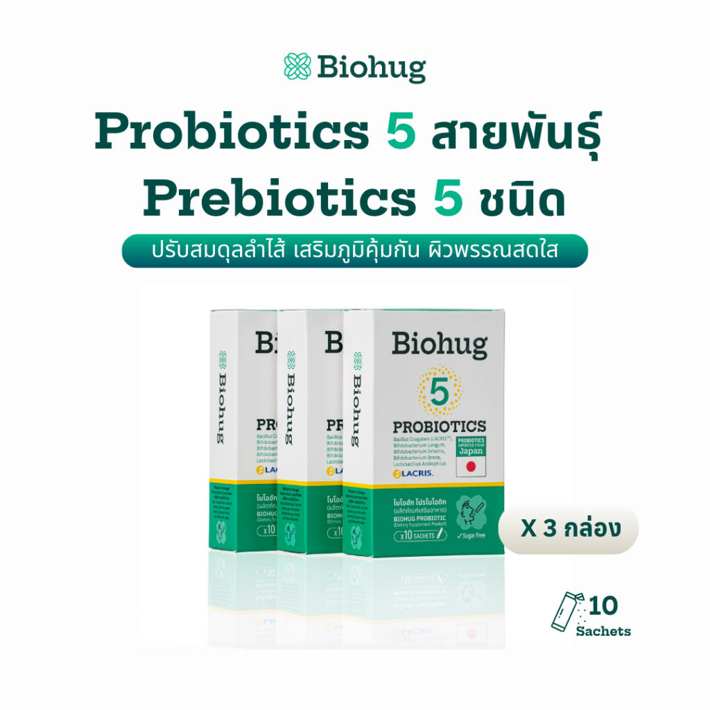 BIOHUG Probiotics (3 กล่อง x 10 ซอง) โพรไบโอติกปรับสมดุลลำไส้ เสริมภูมิคุ้มกัน บำรุงผิว