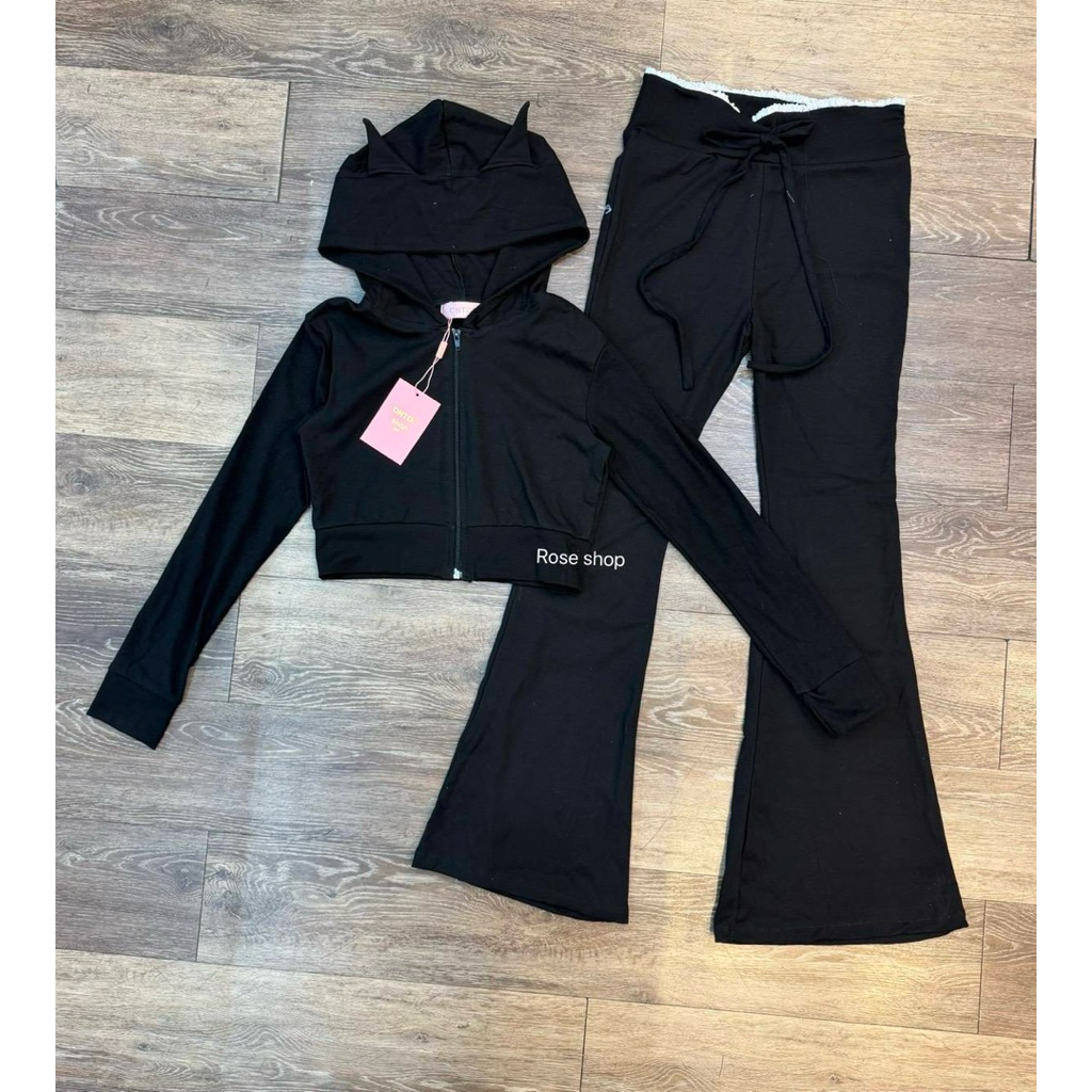 เซท 2 ชิ้น เสื้อครอปแต่งหูน้อลแมว (แมวน้อย)มีซิปหน้า กางเกงขาม้าเอวแต่งขอบลูกไม้สุดฮิต - รูปที่ 7