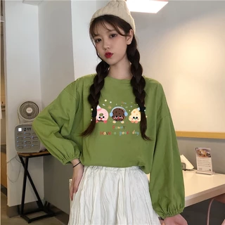 เสื้อแขนบอลลูนสาวอวบ oversize เสื้อผ้าสาวอวบแฟชั่นมาใหม่ ลายการ์ตูนน่ารัก เสื้อยืดแขนยาวผู้หญิงที่กําลังฮิต ฤดูร้อนใหม่