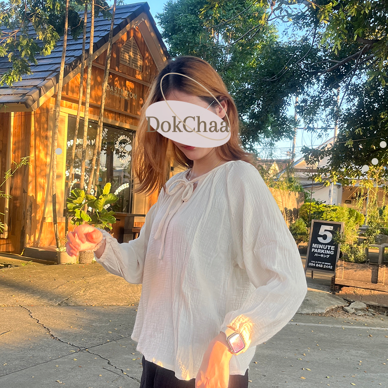 เสื้อแขนยาวจั๊มปลายแขน ดีเทลคอโบว์ ทรงสวยน่ารักอบอุ่น เนื้อผ้าสาลู 2 ชั้นอัดย่น เนื้อนิ่มใส่สบายมาก✿