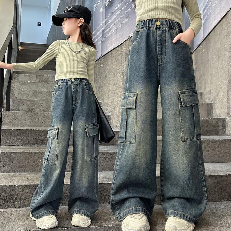 Retro-style girls' jeans denim fabric suitable for spring and autumn wear medium size straight leg wide-leg design