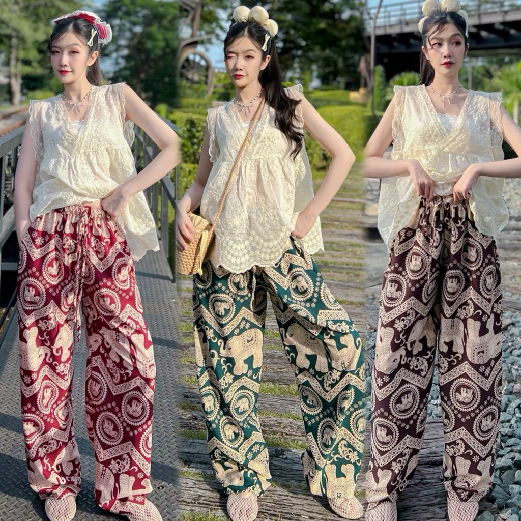 กางเกงลายช้าง กางเกงช้าง ฟรีไซส์ s-xxl ใส่ได้ ผ้าไหมอิตลี เอวยางยืดรอบใส่สบาย