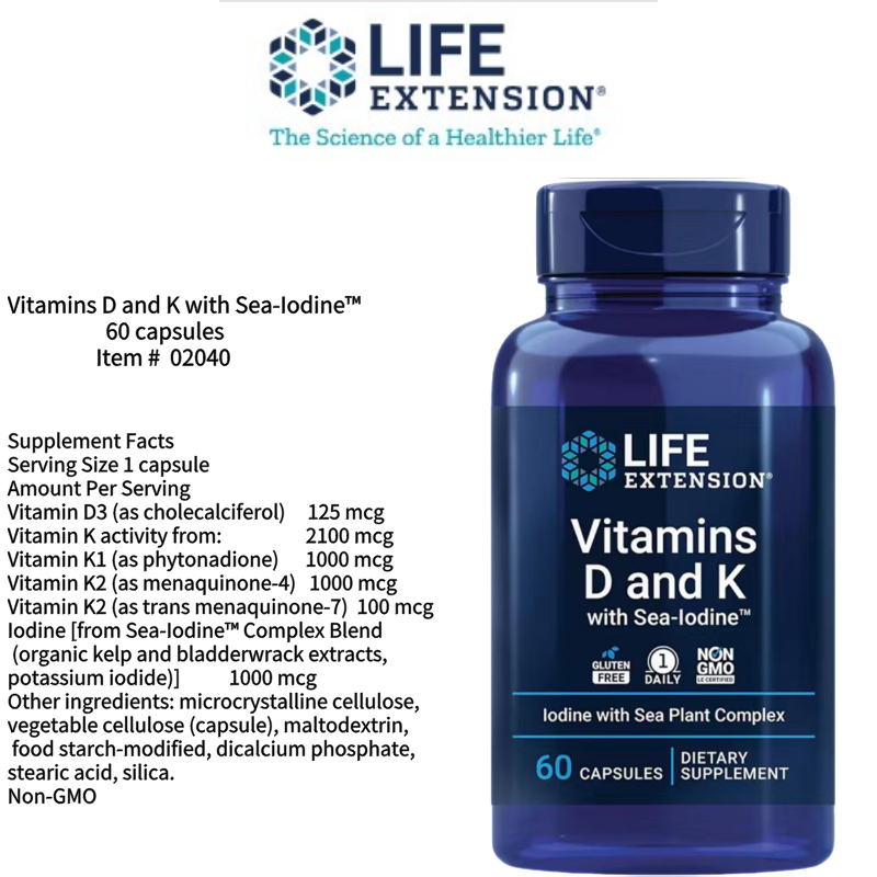 LE Vitamins D and K with Sea-Iodine immune, bone, thyroid & arterial health, high potency 60capsules