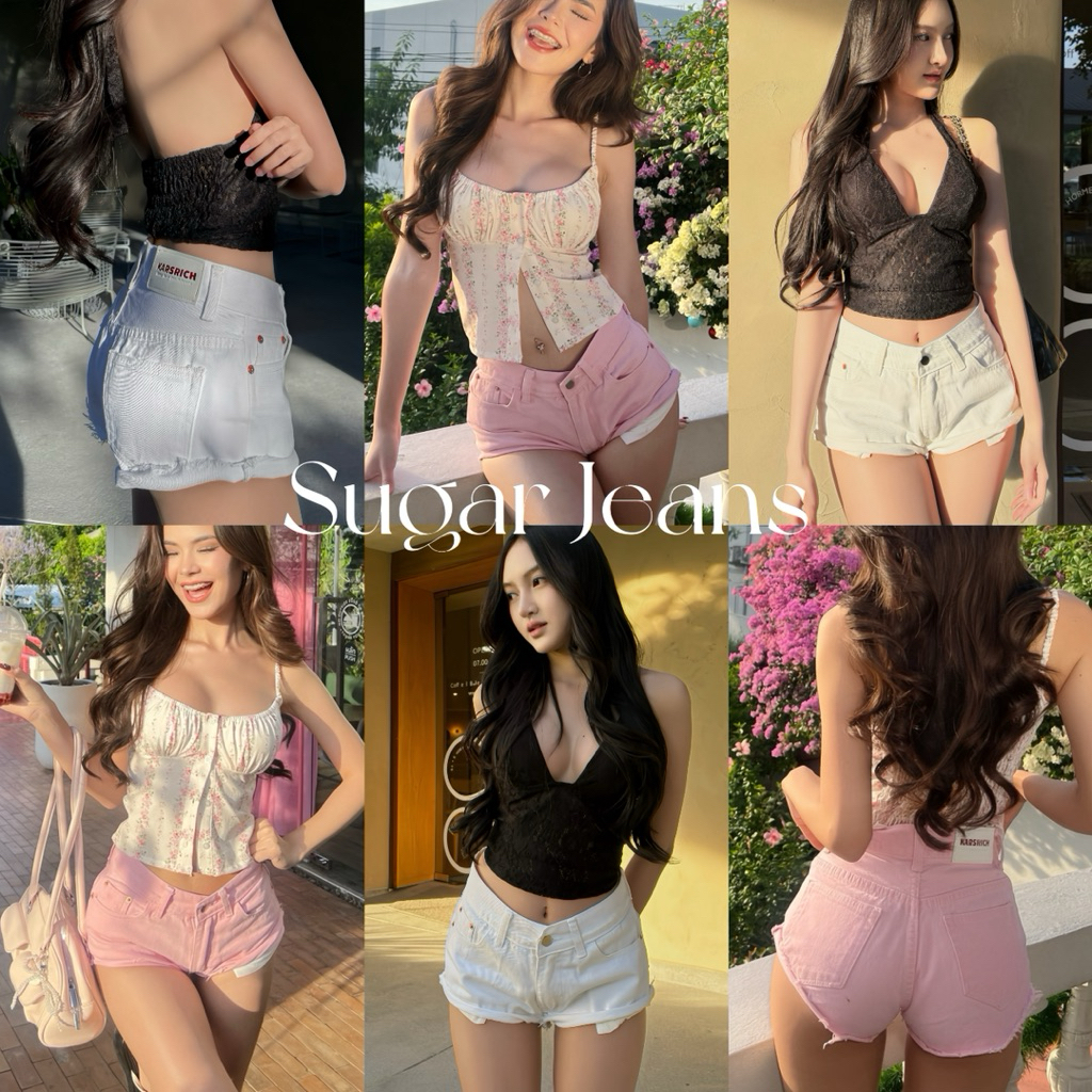 KARSRICH - Sugar Jeans กางเกงยีนส์ขาสั้นเอวกลาง (สอบถามไซส์ก่อนสั่งซื้อ) พับปลายขากางเกง ยีนส์ใส่สบา
