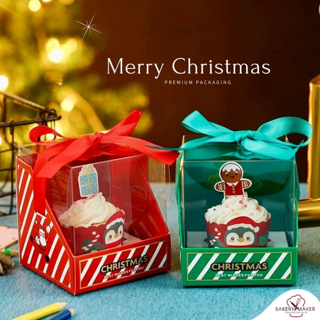 เซ็ทกล่องพลาสติกฐานกระดาษ Christmas พร้อมโบว์  5 ใบ