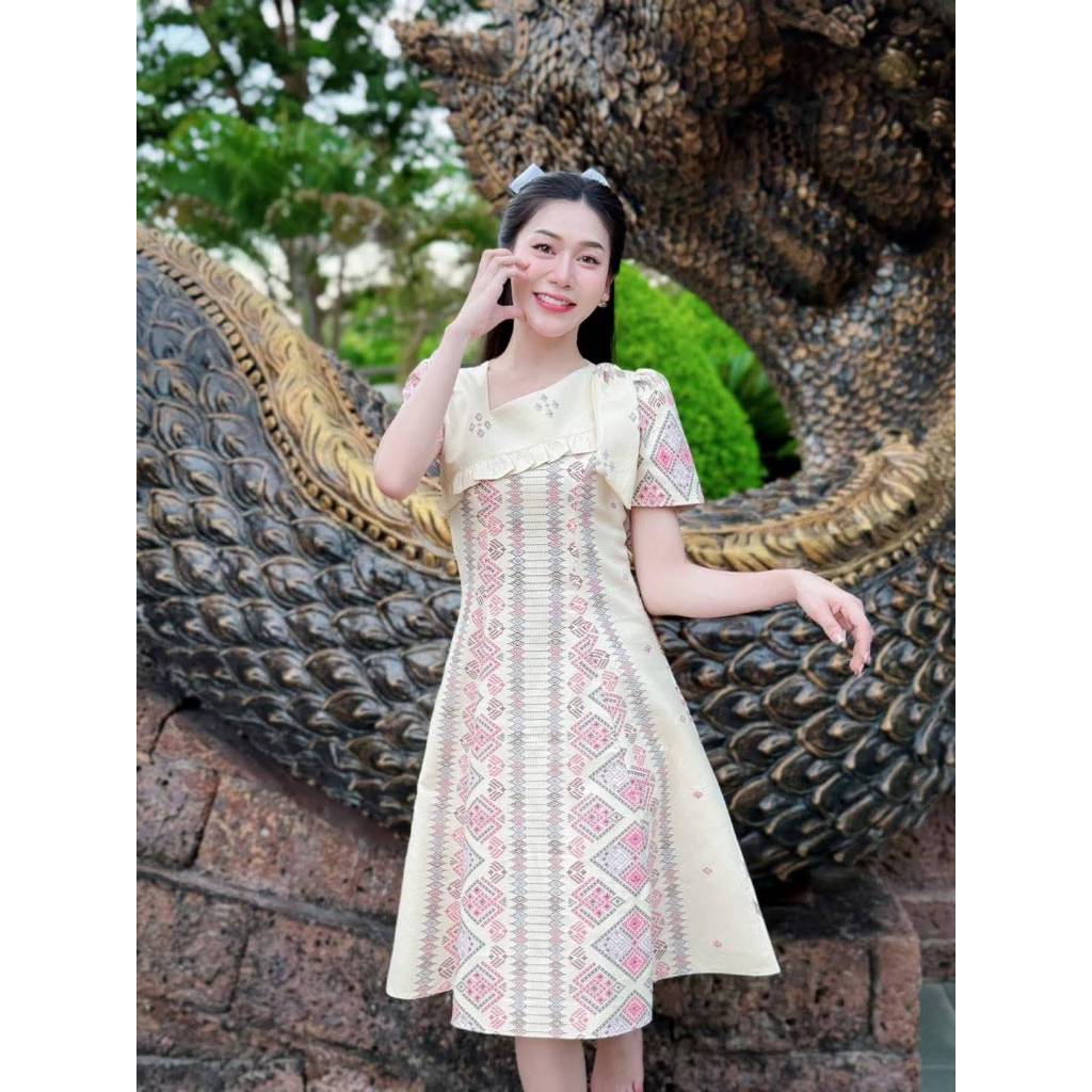 ชุดเดรส รุ่น ป27 เดรสผ้าทอ แขนกลีบบัว อัดผ้ากาวทั้งตัว งานดีไซน์สวยตัดเย็บเนี๊ยบ โทนสุภาพ ดูเรียบหรู ใส่ทำงาน/ออกงา่นได้