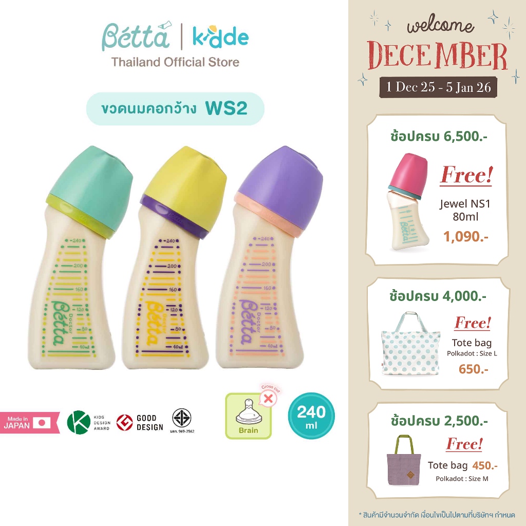 Dr.Betta Brain Bottle WS2 240ml PPSU ขวดนมคอกว้าง พร้อมจุกนมรูจุกกากบาท แบบไม่ดูดไม่ไหล