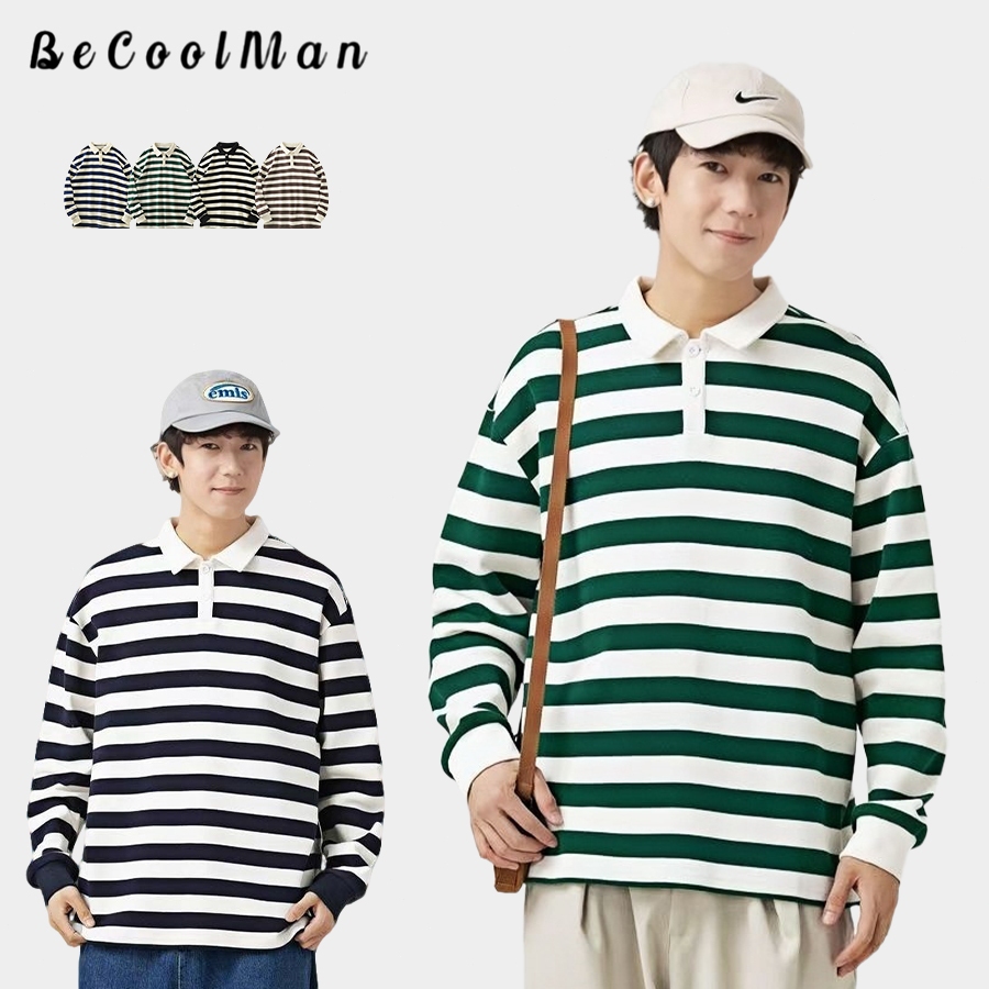 BECoolMan-แขนยาวลายสำหรับผู้ชาย  เสื้อโปโล  การตีสี  วิทยาลัยลม