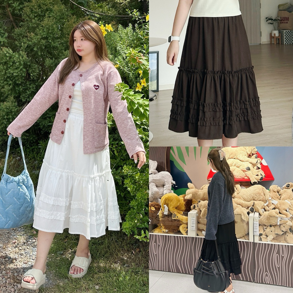 Amityclothes กระโปรงยาวระบาย สีพื้น - Skirt