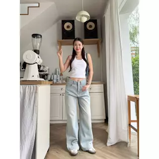HELLDUL 9902 กางเกงยีนส์เอวสูง ขากระบอกใหญ่ แต่งคิ้ว เอวเข้ารูป ใส่สบาย